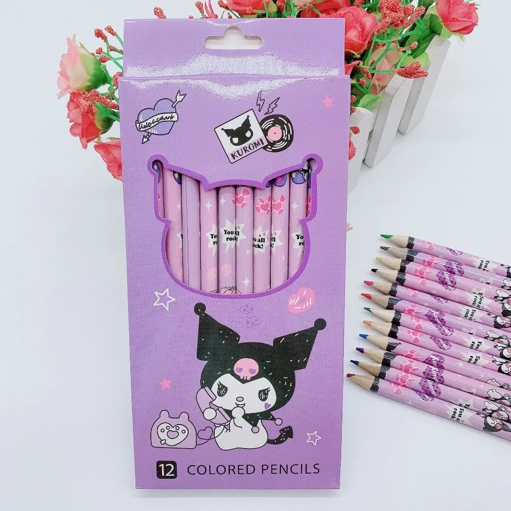 12Pcs Cartoon Kuromi Wood Colored Pencil Kawaii Anime Cartoon Hand Drawing Pencils for School Office Artist Painting Fine Arts