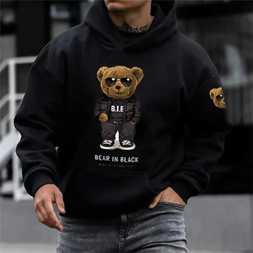 Black Bear Printed Long Sleeve Hooded Sweatshirt 2024 New Men's Loose and casual Hoodie Autumn/Winter Y2K Women's Plush Hoodie