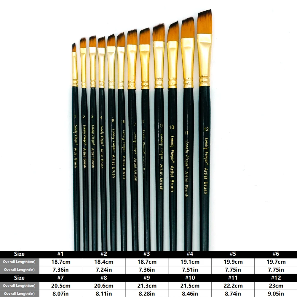 12 Pack Angle Tip Nylon Painting Brushes Multi-Size Artist Brush for Watercolor Acrylic Nail Rock Model Art