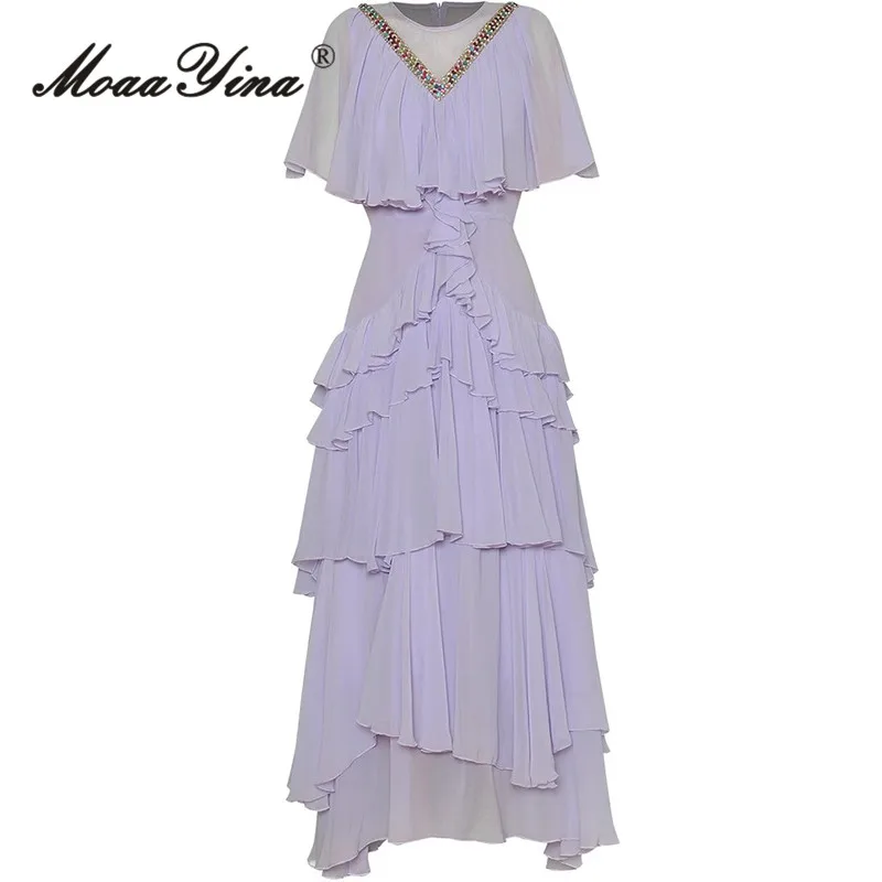 

MoaaYina Summer Women’s Dress Butterfly Sleeve Beading High Waiste Tiered Ruffles Slim Elegant Romantic Chiffon Dresses