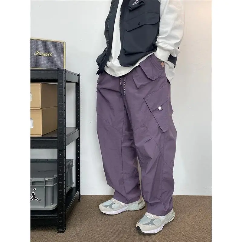 

Spring Autumn Men's Clothing Solid Color Elastic Pockets High Waisted Casual Loose Trousers Straight Korean Fashion Pants