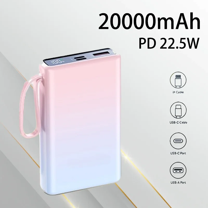 

Портативный внешний аккумулятор 20000 мАч, новый, ультратонкий, со встроенным кабелем, быстрая зарядка для телефонов, планшетов, Bluetooth-колонок, наушников