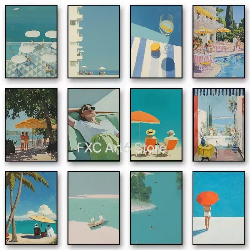 1PCS frameless Canvas Painting Abstracto Retro Mediterráneo De Italia Con Escena De Pareja En La Playa Y Piscina, Cuadro Decorat