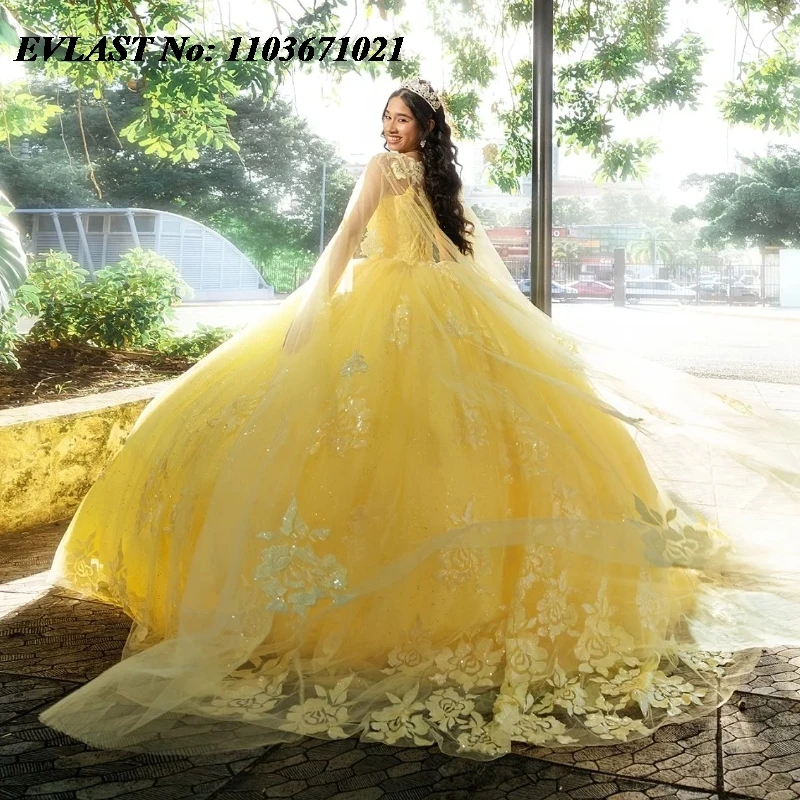 EVLAST Mexican Yellow Quinceanera Dress Ball Gown Lace Applique Beaded With Cape Corset Sweet 16 Gown Vestidos De Anos SQ384