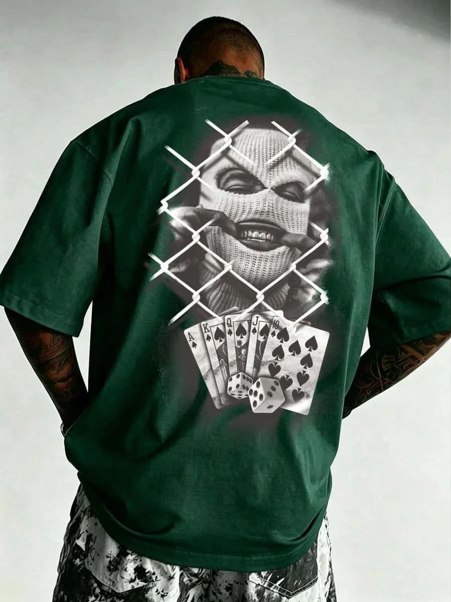 Street Skeleton Spades A Poker Card Printed T-shirt Visual Vortex Digital Printed Men's Loose Short Sleeve