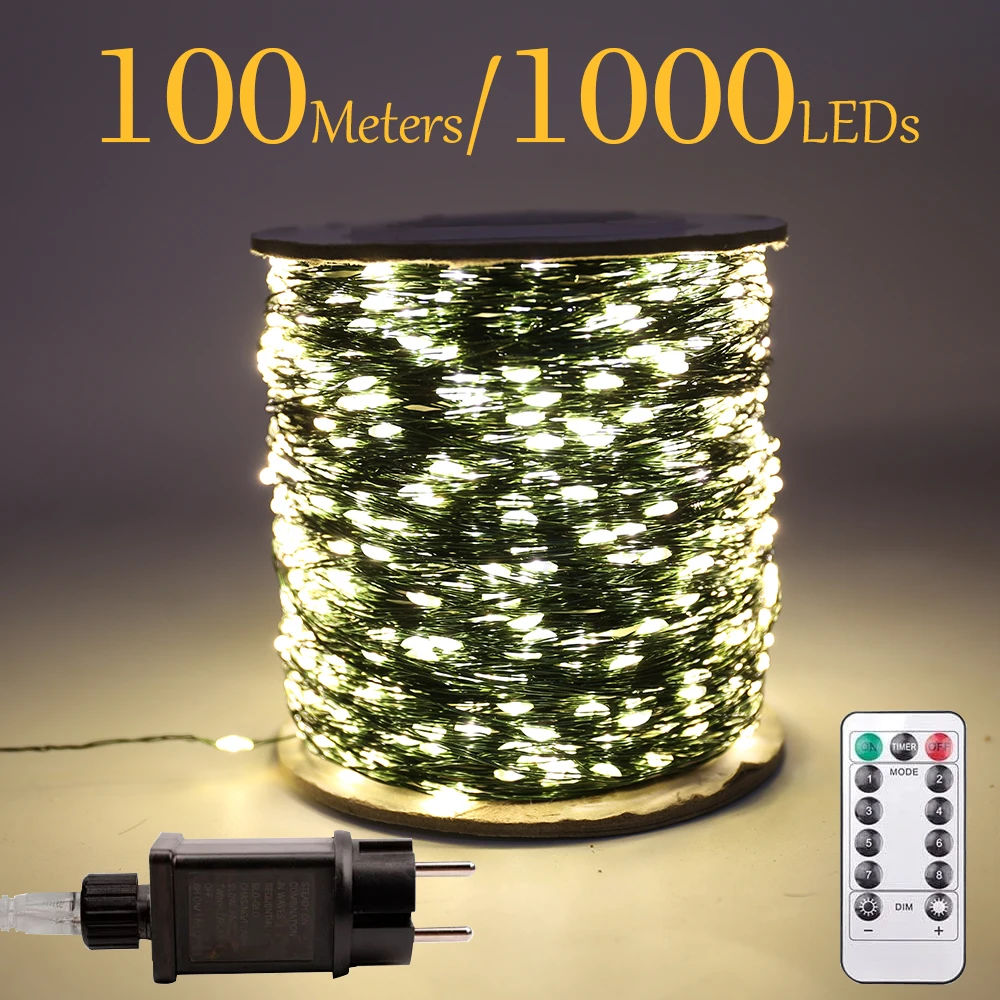 Green Wire 100M 1000LEDs Fairy string Lights Plug  In wholesale for Tree Outdoor Christmas Holiday wedding Garden Decoration