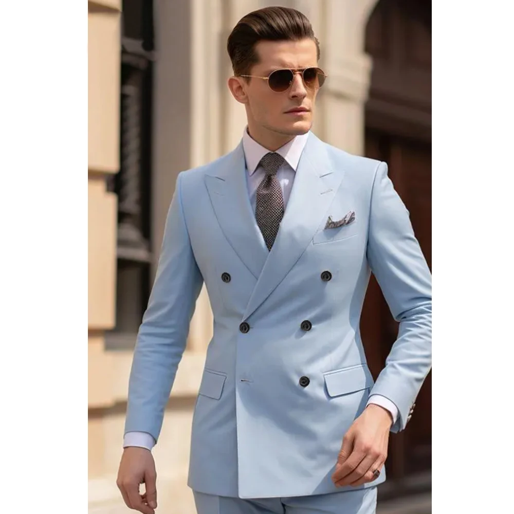 

Slim Fit Light Blue Men's Suits Smart Causal Office Party Double Breasted 2 Piece Peak Lapel Fashion Terno Masculinos Completo