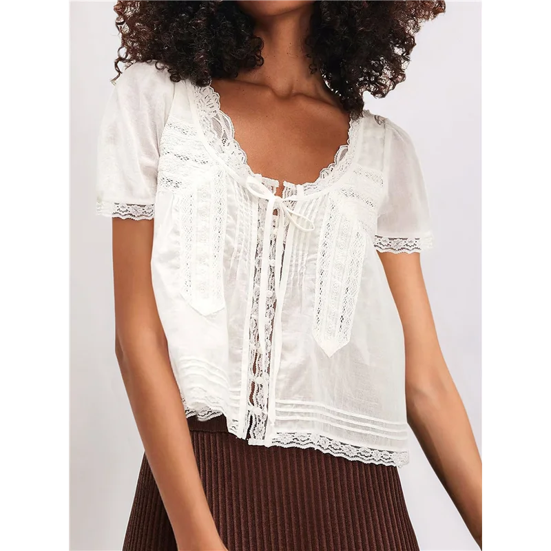 

【SEE】Women Tie Front Lace Trim Top Sheer Short Sleeve Scoop Neck Button Shirt Y2k Ruffle Flowy Boho Crop Tops