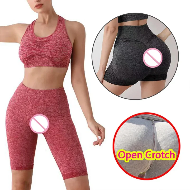 Womans Sexy Open Crotch Yoga Pants Leggings Zipper Push Up Crotchless Gym Set Short Tank Tops Sport Suits Booty Lifting Mini