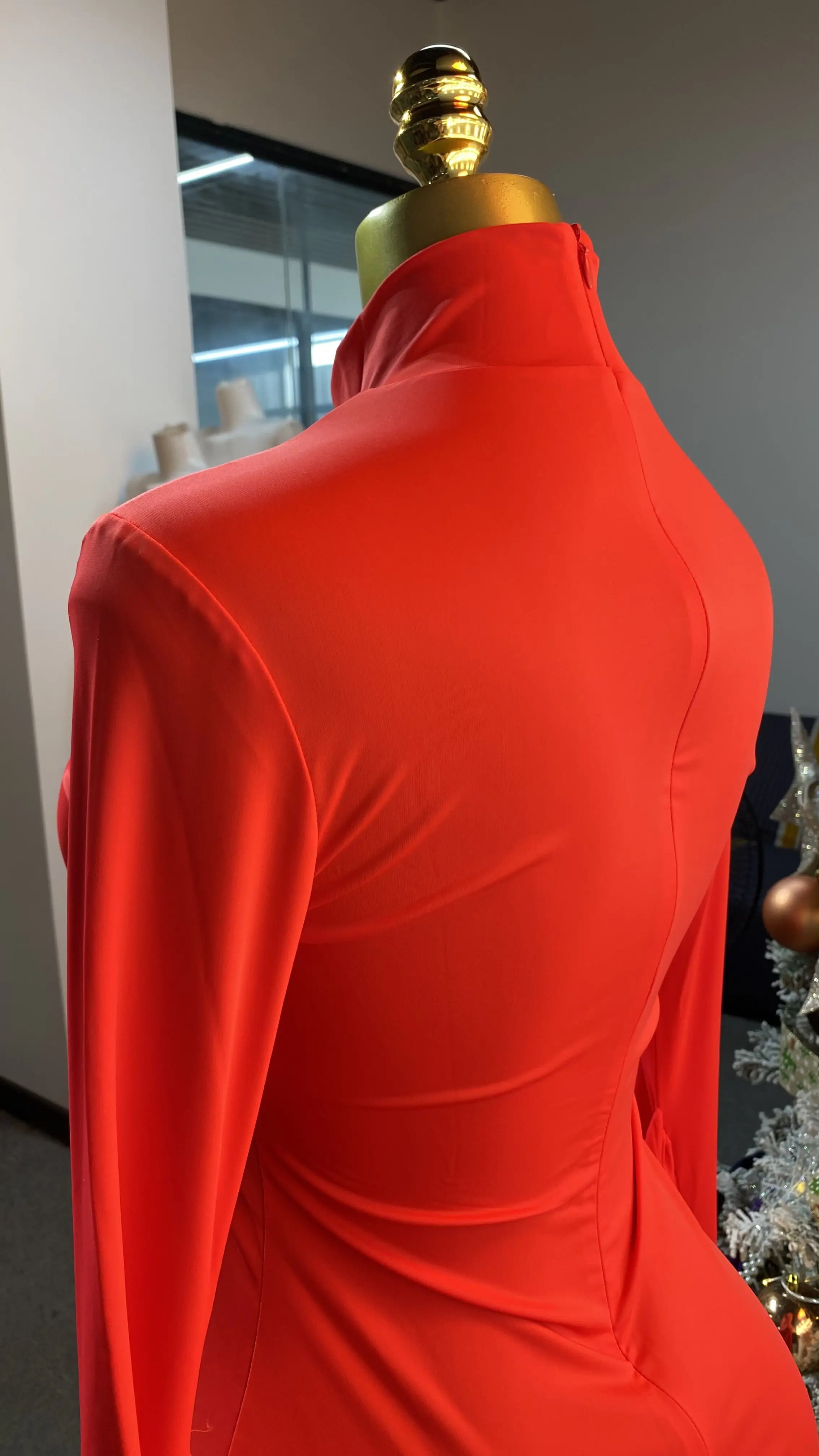 Fashionable French-style high-neck patchwork red maxi dress, chic evening wear, elegant long-sleeved dress-GZXX157