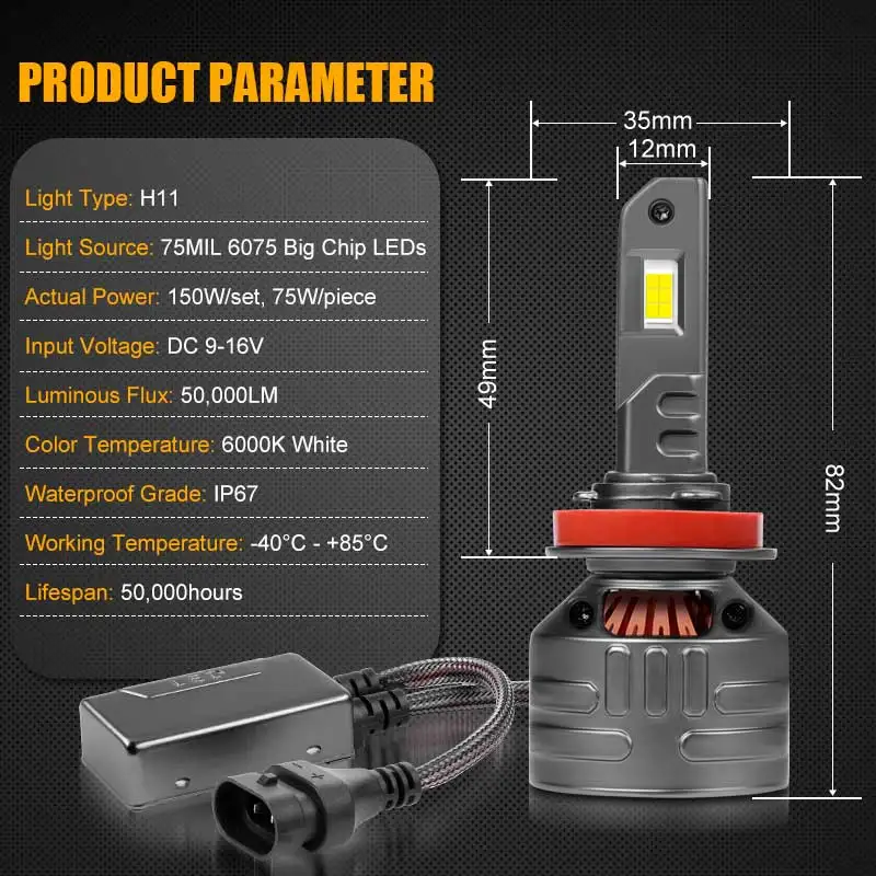 150w 50000lm h7 h11 lâmpada led para farol 9005 9006 turbo faróis 6000k lâmpada branca para acessórios de lâmpada automática