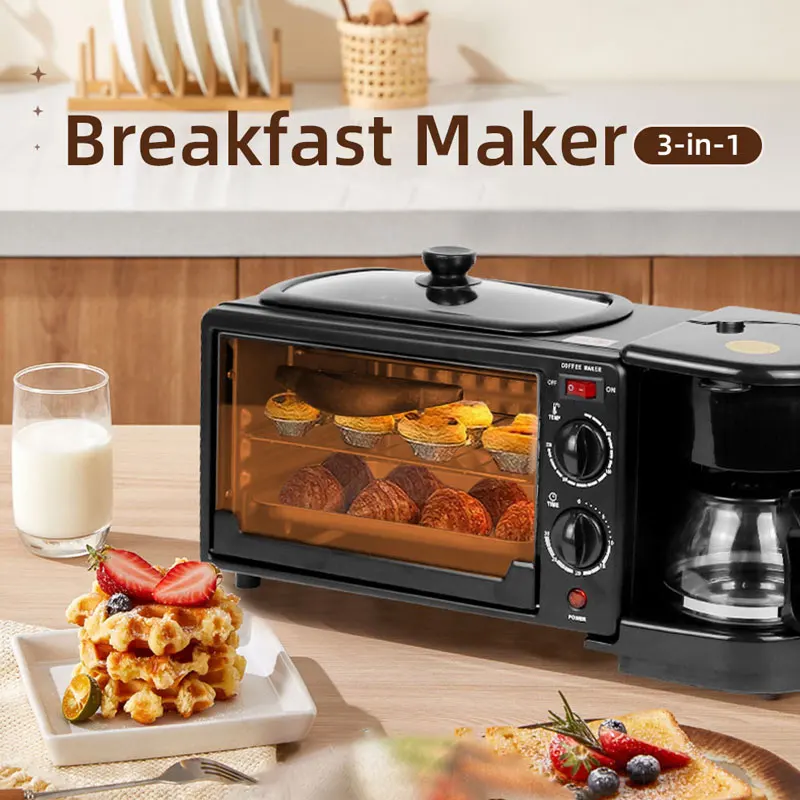 3 in 1 Multi-Functional Breakfast Maker,600mL Coffee Machine,9L Capacity Oven,Non Stick Coating Pan，Household Kitchen Appliances