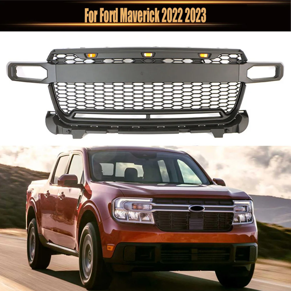 For Ford Maverick 2022 2023 Upper Grille Racing Grill 4x4 Off Road Auto Exterior Parts ABS Car Front Grille With Light Bar Fit