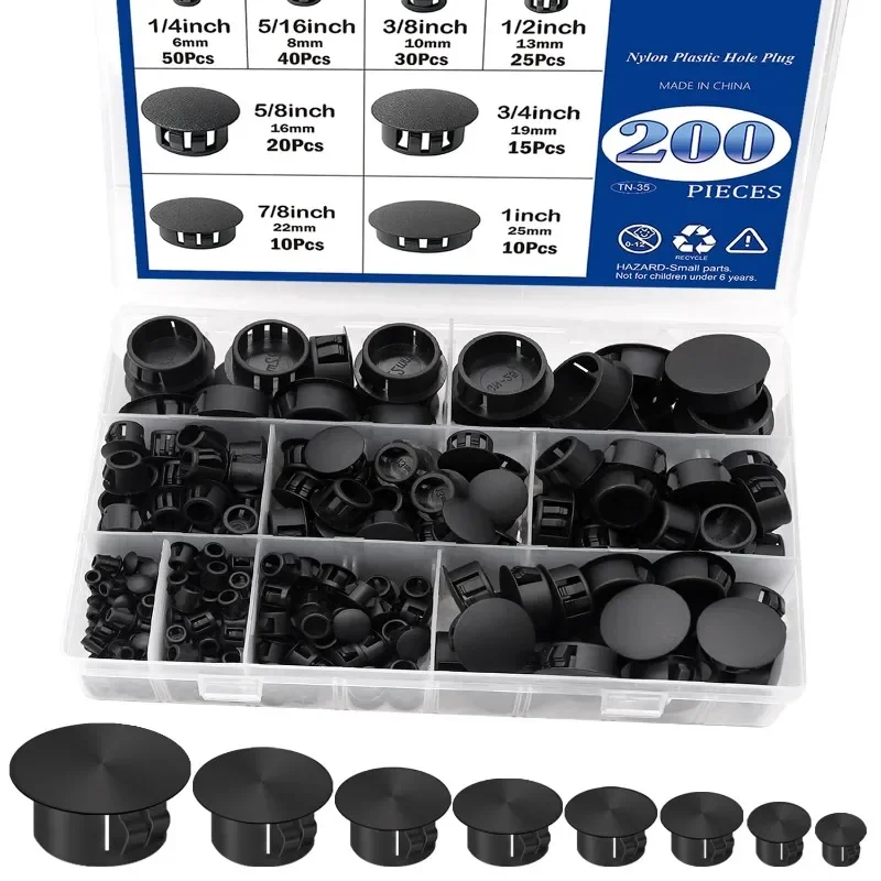 

200Pcs Nylon Hole Plugs Washers Black Round Drill Hole Flush Type Panel Knockout Locking Plugs Furniture Cabinet Insert End Caps