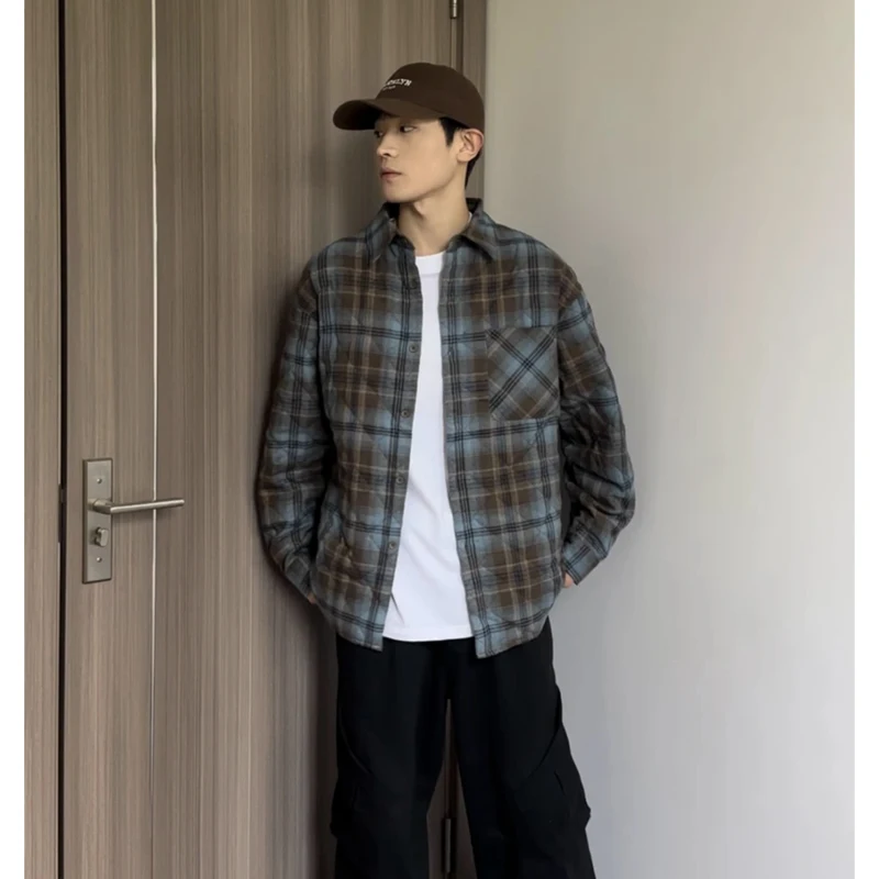 

Thiened Plaid irt Sle Cotton Jaet Men's Winter American Trendy Brand Stand Collar Workwear High-End Feel Outerwear