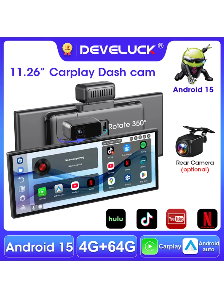 Develuck 11.26 "Android 15 4G + 64G Auto DVR Dash cam Carplay Android Auto WIFI Airplay Recorder Ondersteuning Youtube Netflix BT Muziek - afbeelding 2