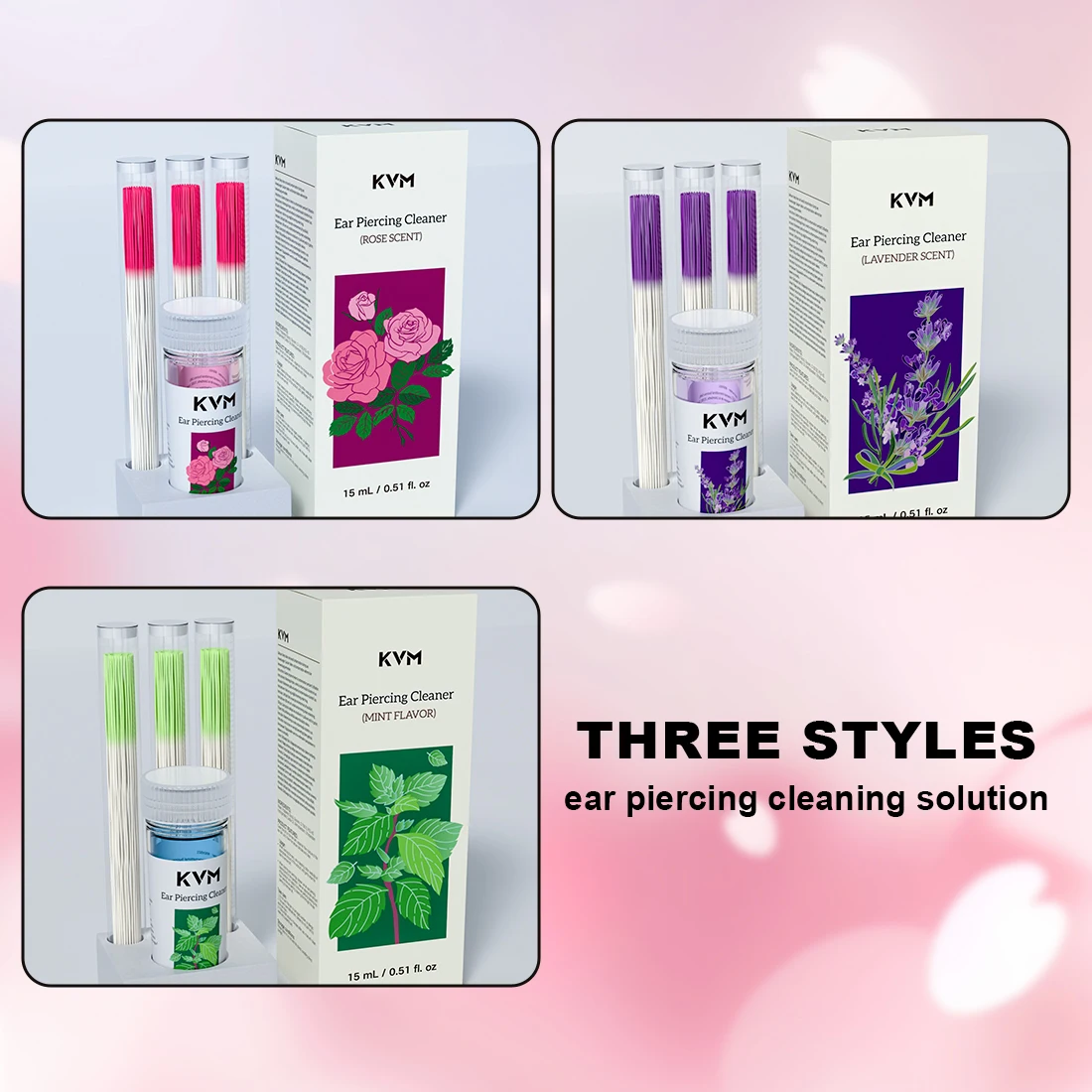 Ear Piercing Cleaner Kit 15ml 3 Scents Mint Lavender Rose Soft Burr-free Cleaning Thread Remove Piercing Odor For Mature Ear