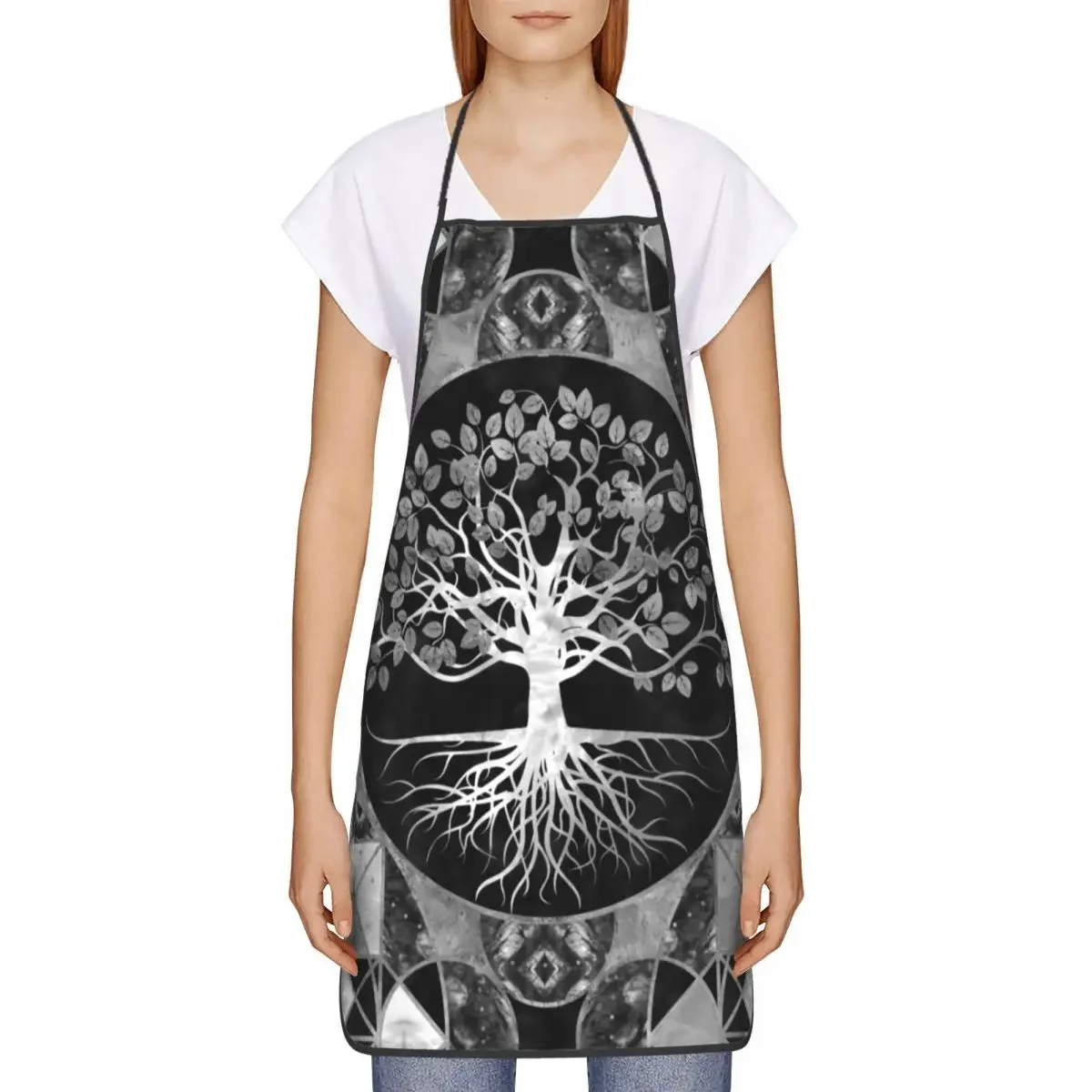 Tree Of Life Gray Scale Gemstone Kitchen Chef Cooking Baking Apron Men Women Vikings Yggdrasil Tablier Cuisine for Gardening