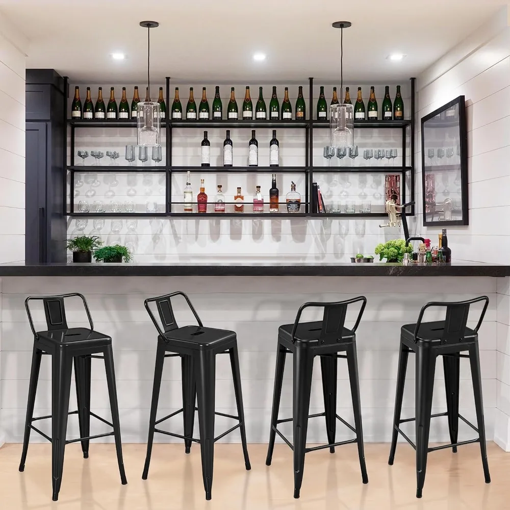 Set of 4 Bar Height Barstools Kitchen Chair Industrial Bar Stools with Low Back for Indoor Outdoor Use Matte Black