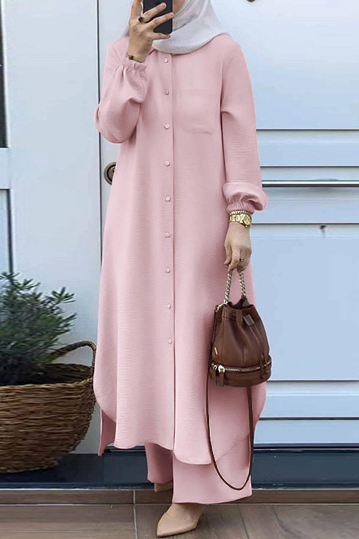 

Muslim Women Casual Long Sleeve Shirt & Wide Leg Loose Pants 2 Pcs Set