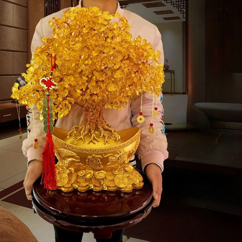 

Декоративное дерево из цитрина, смолы и дерева с медными элементами, настольное украшение, искусственное растение, денежное дерево, сувенир, украшение для дома