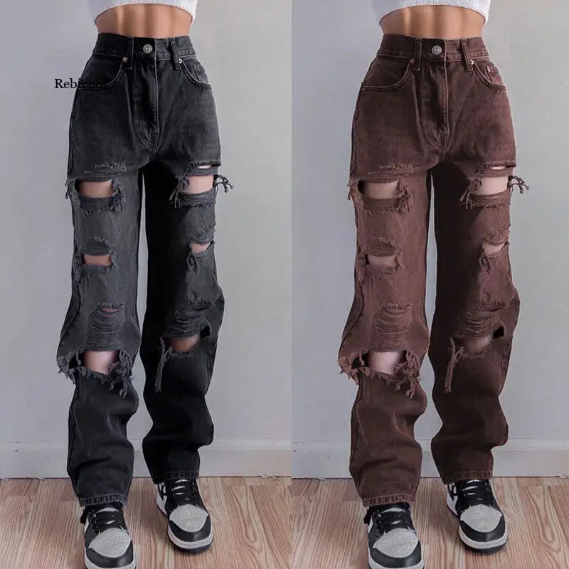 

2021 Fashion Ripped jeans Low Waist Wide Leg Pants style Jeans Women Pockets Harajuku Baggy Jeans Womens Pants