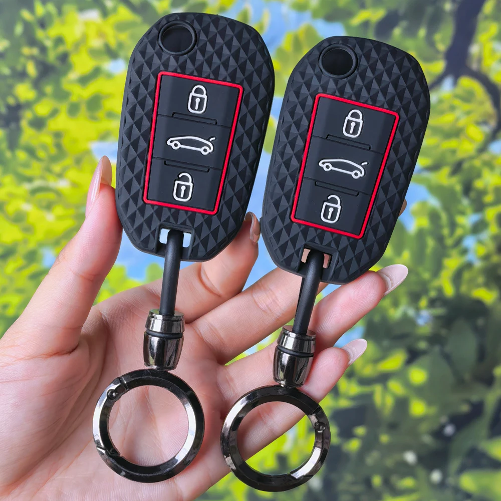 Grippy Red Accent Diamond Grain Key Cover With Keychain For Peugeot 208 2008 308 3008 508 408 4008 Citroen C3 C4 C5 C6 C8
