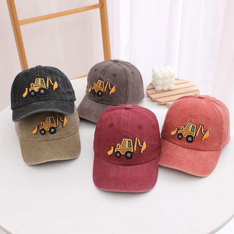

100% cotton washed denim baseball cap for children, three-dimensional embroidered cartoon car style beanie cap