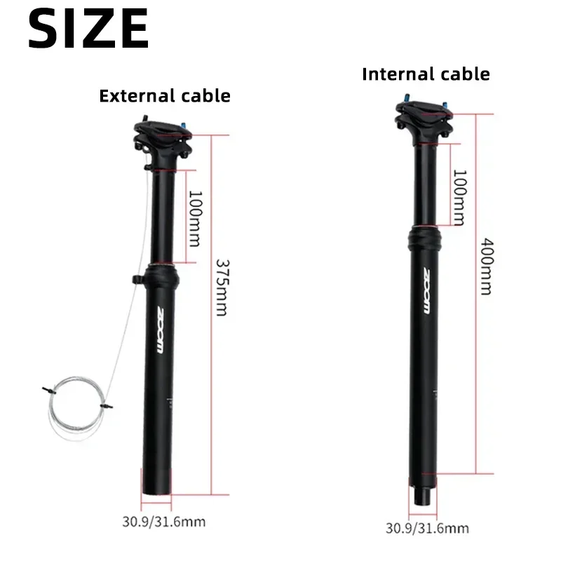 ZOOM Bicycle Dropper Seatpost Hydraulic 30.9mm 31.6mm Internal/external Routing Line Control 100mm Travel Bike Seat Tube Parts