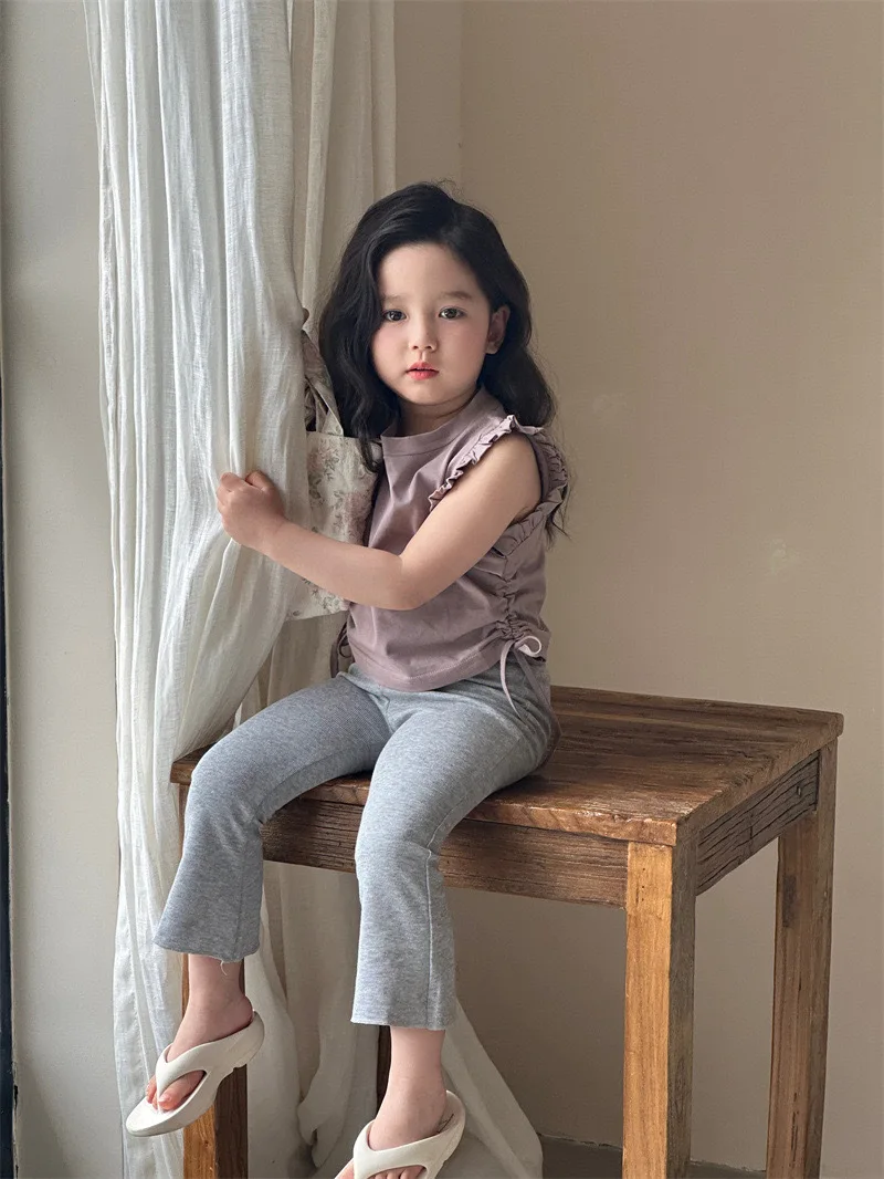 Children Clothes Suit 2024 Summer New Korean Style Children Wear Girls Wood Ear Edge Sleeveless Draw Rope Short T 2-piece Set