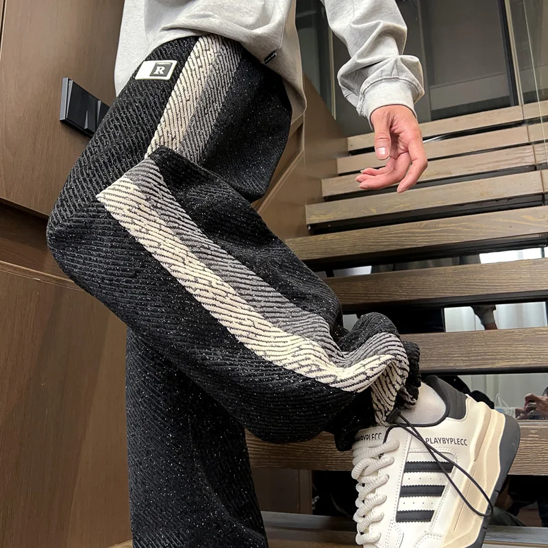 Fashion Men's Casual Pants Youth Drawstring Elastic Waist Chenille Joggers Sprin Autumn Outdoor Sports Loose Full-Length Trouser