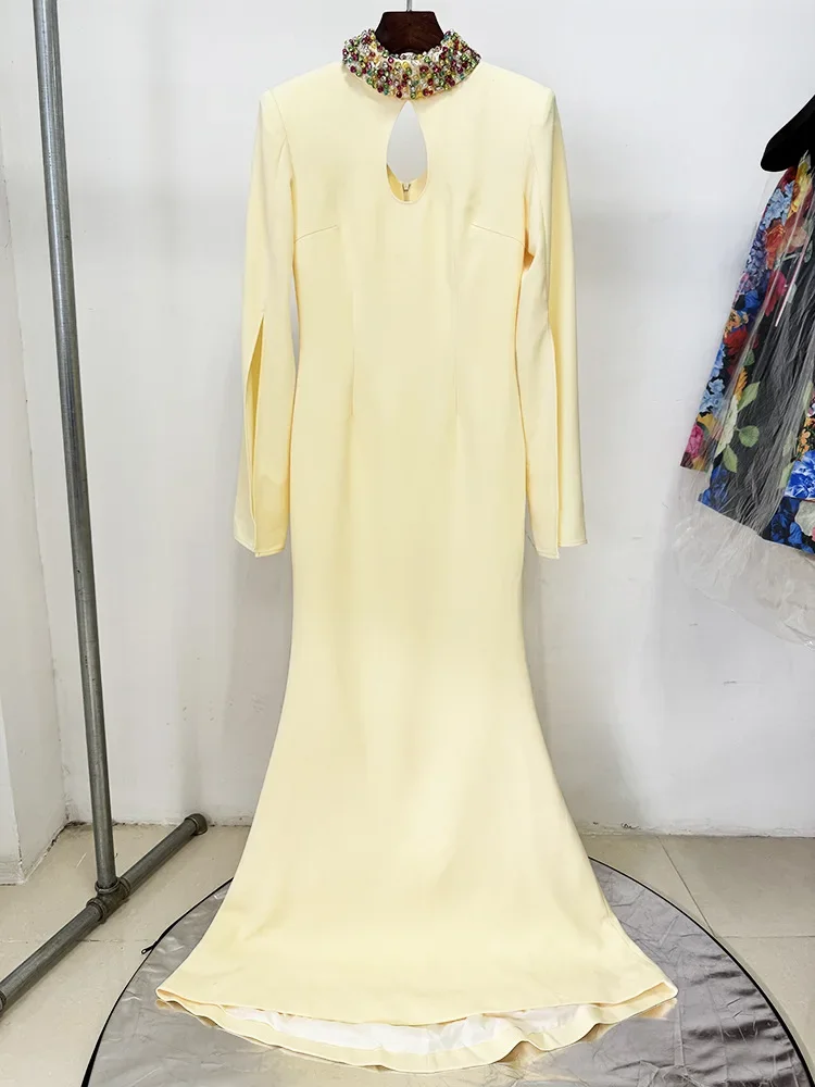 

Горячее продаваемое желтое вечернее платье русалки, вечернее платье с высоким воротником и длинными рукавами с разрезом (модное и популярное)