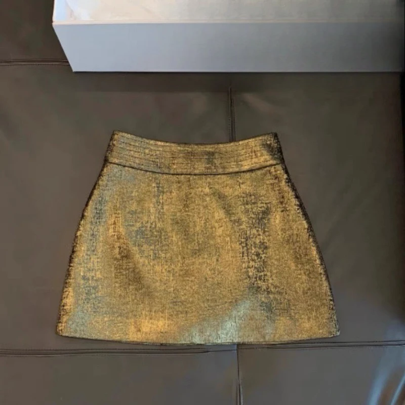 Hot Girl Shiny Gold Skirt High Waist Temperament New A Word Hip Skirt