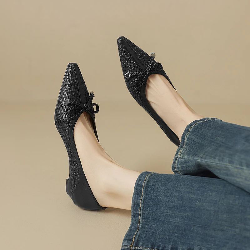 جلد طبيعي Bowknot أشار تو الانزلاق على مضخات مكتنزة كعب منخفض فستان الضحلة أحذية للنساء #4