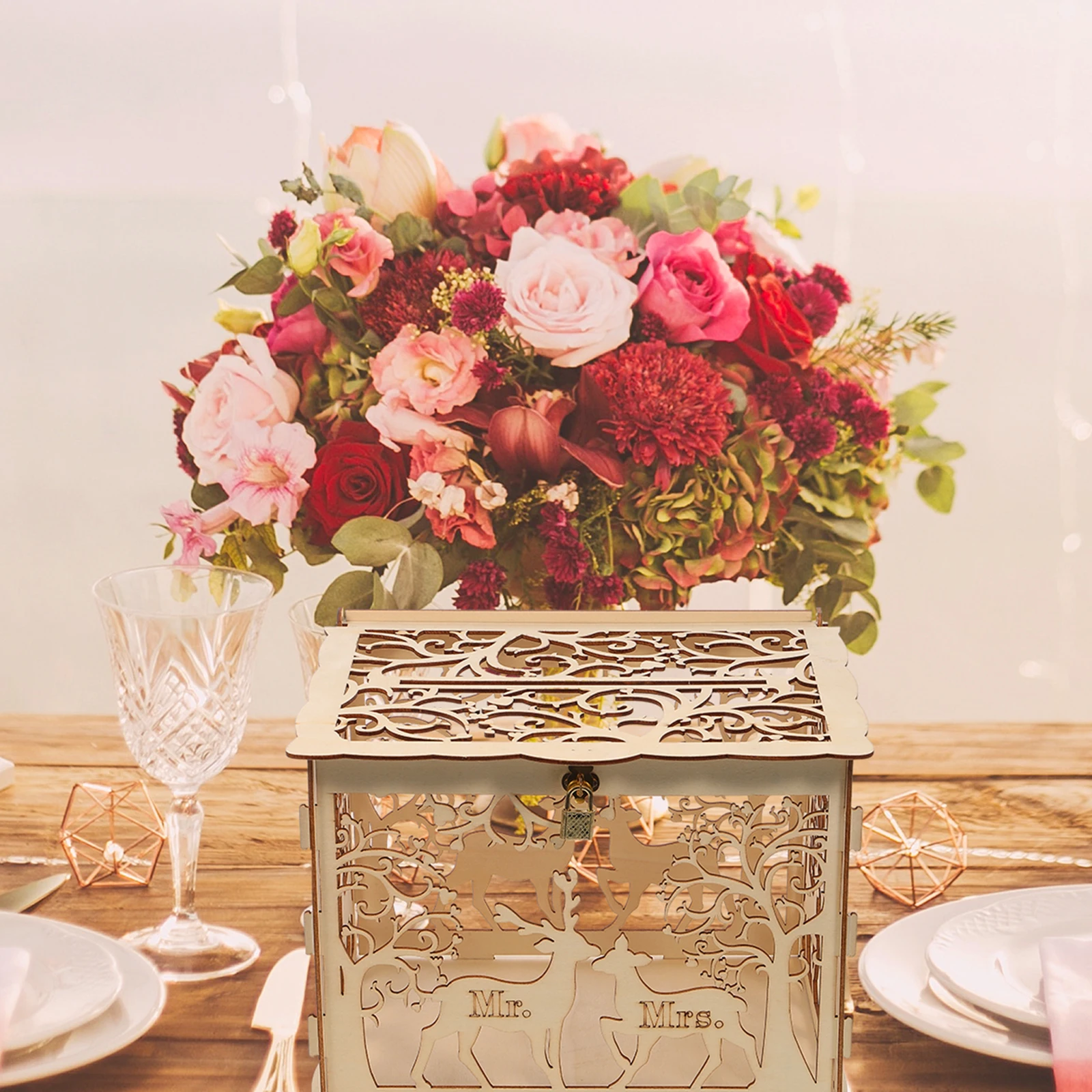 

Wooden Business Card Box Hollow Deer Design Wedding Party Favor Container Storage Gift Boxes Rustic DIY Handmade