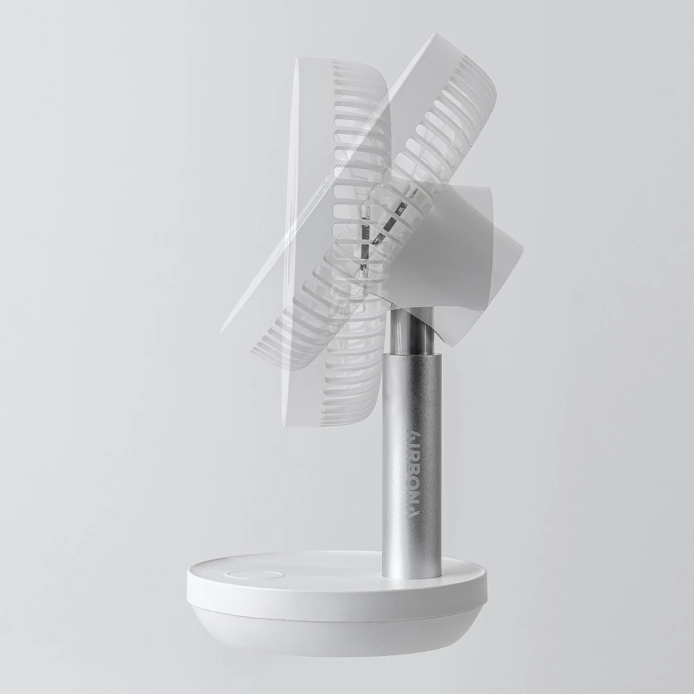 [1+1] مروحة طاولة لاسلكية قابلة لإعادة الشحن من Bldc، مروحة صغيرة بإضاءة المزاج