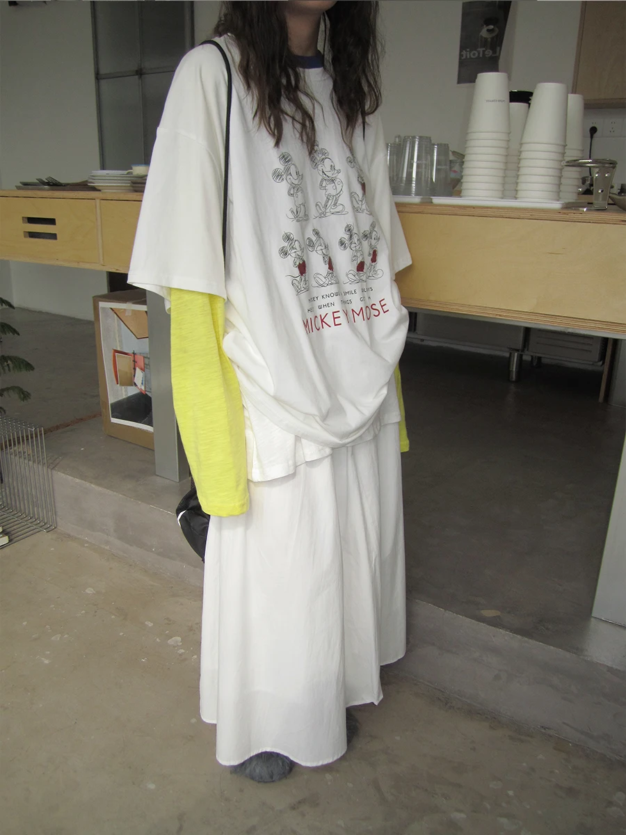 

Summer New Korean Sle Design Pure Color Loose Matching Cartoon Miey Print T-irt Women's Commute Faion round Ne Long...