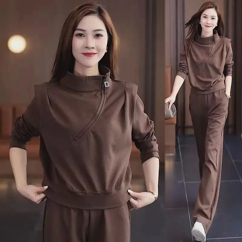 Maillard's Popular Casual Sports Set for Women's Autumn New Diagonal Zipper Knight Shoulder Top+wide Leg Pants Two-piece Set