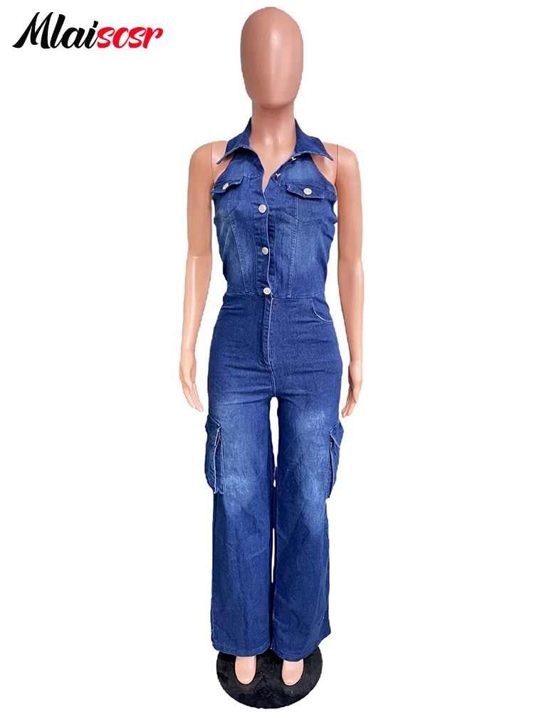 Mcaissr pakaian wanita Denim biru, Jumpsuit satu potong, Jumpsuit Halter tanpa lengan, lurus, Romper celana kargo baru