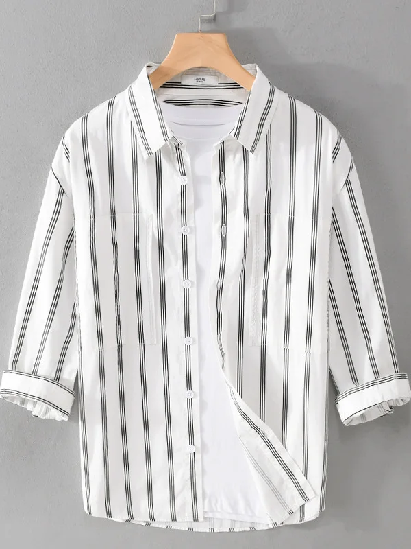 

Summer Men's Loose Fit Cotton Shirt Half Sleeve Thin Material Casual Top No Ironing Required Seven-Quarter Sleeve Striped Shirt