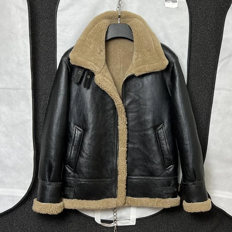 

2024 New Winter Men's Sheep Leather B3 Original Fur Integrated Male Motorcycle Short Flight Suit Thickened Wool-fur Coats