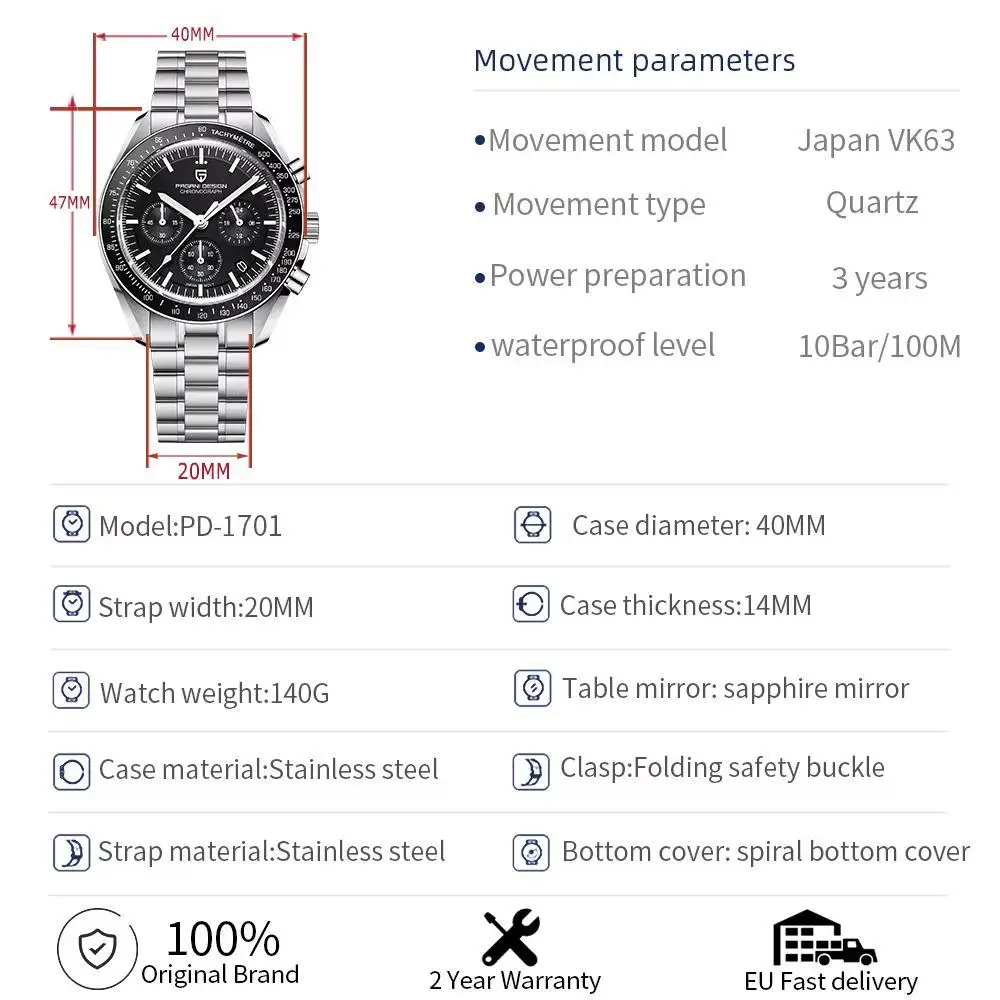 2025 New PAGANI DESIGN Brand Men's White Hour Hand Quartz Automatic  Chronograph Mens waterproof 100M  Stainless Steel watches