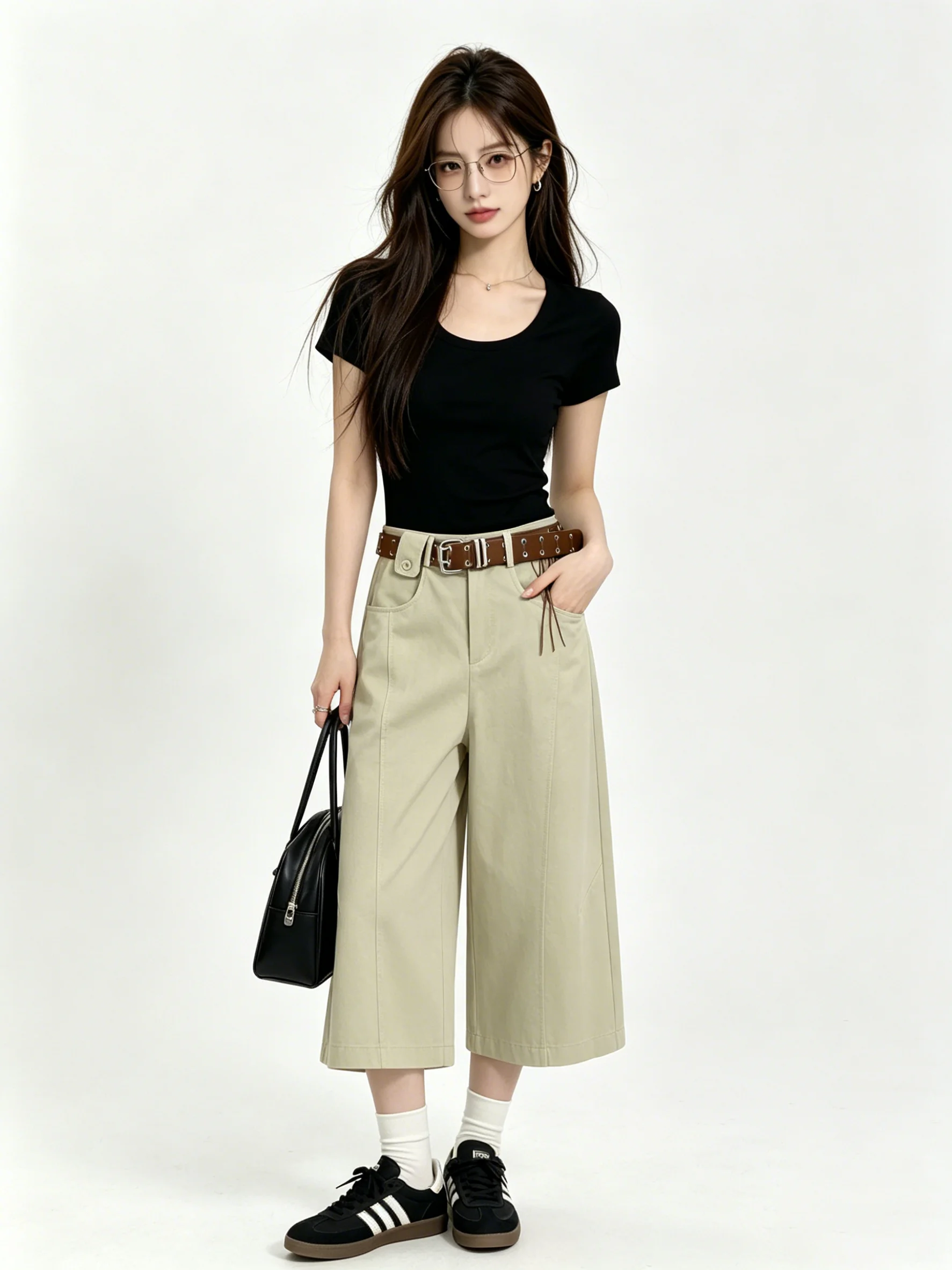 

Khaki Loose Casual Wide Leg Pants Skin-friendly Drapey Comfortable Summer Lazy Seven-eighths Length Trousers Ladies' Wear