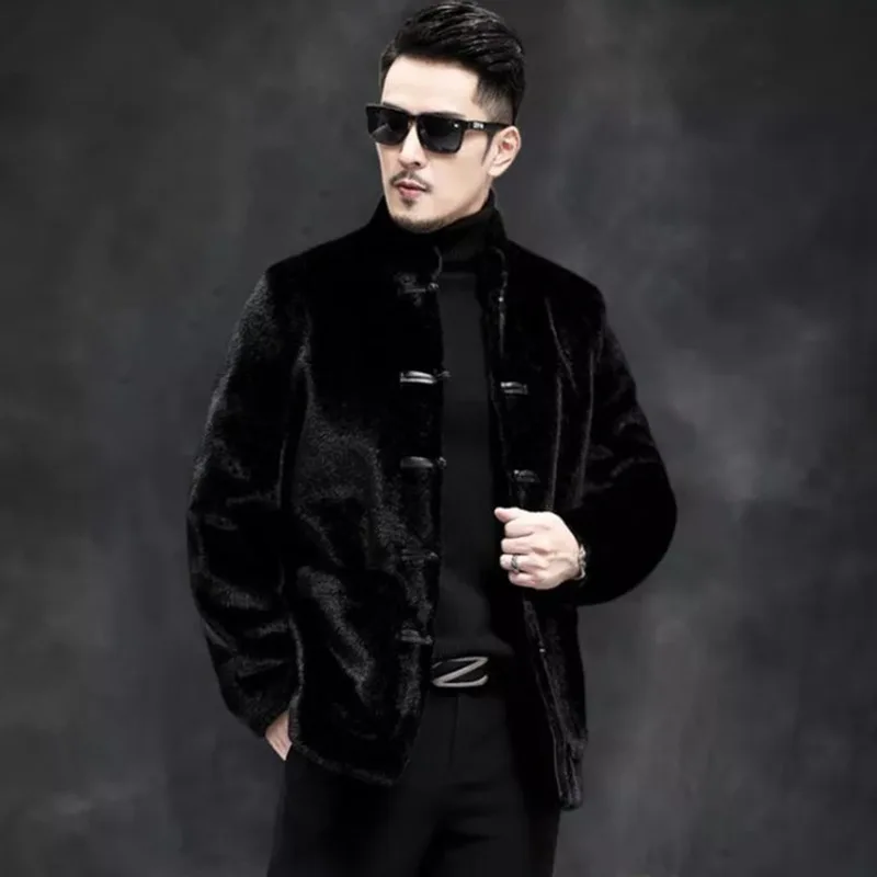 Menswear Winter Warmth Faux Mink Coat Jacket New Golden Mink Fur Chinese Style Jacket Lapel Casual Trend JacketsSingle Breasted
