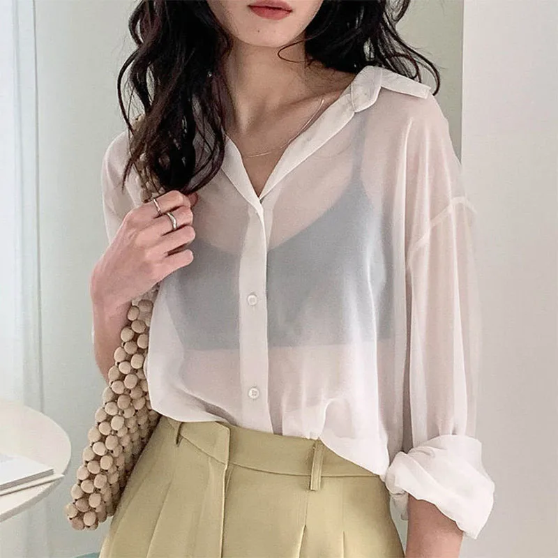 Women Sexy See-through Blouse Summer Mesh Transparent White T-Shirts Long Sleeve Casual Tops Y2k Korean Fashion Button Cardigan