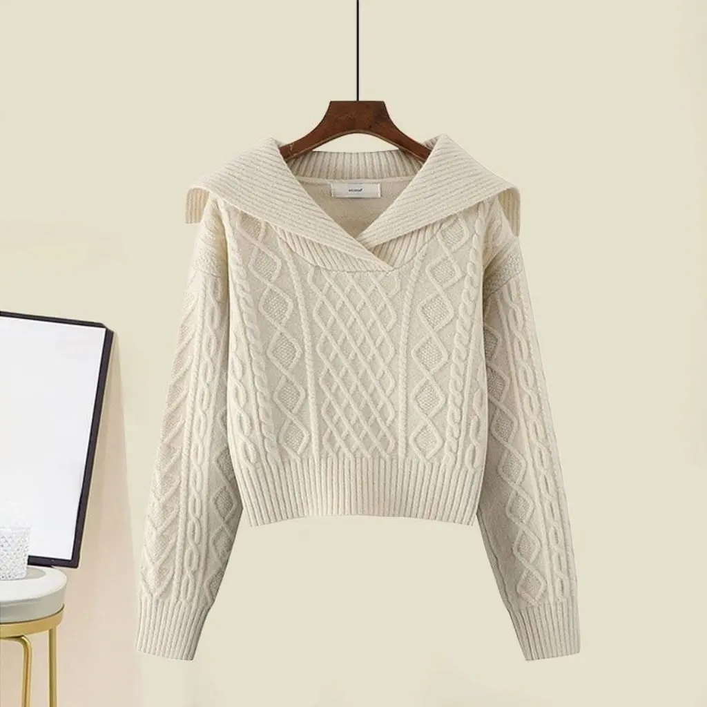 

Retro Women's Navy Collar Sweater High-Waisted Twist Knitwear Long-Sleeved Soft Waxy Pullover for Autumn Winter