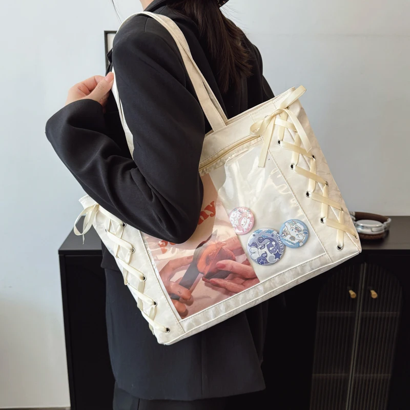 

Симпатичная большая емкость, прозрачная корейская сумка с лентой и узлом, сумка-тоут на одно плечо, мягкая сумка из искусственной кожи