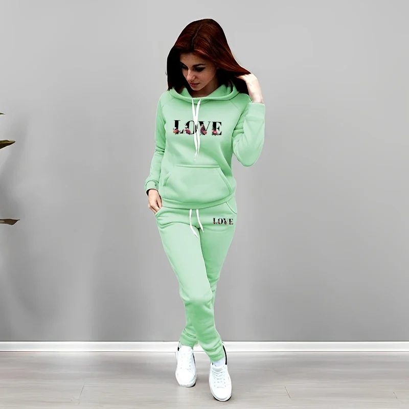 Толстовка с капюшоном и принтом Love Letter, спортивные штаны, комплект из 2 предметов, осень-зима, женский повседневный повседневный спортивный спортивный костюм, домашний уличный комфортный наряд
