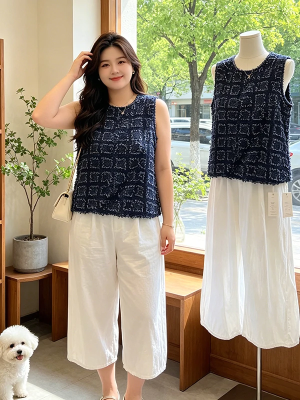 

plus Size Retro Loose Sleeveless Top And Nine-Point Balloon Pants Women's Summer New Slimming Design Two-Piece Set Fashionabl...