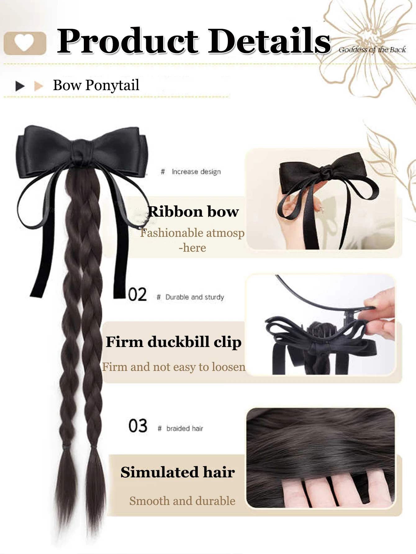 FORLISEE Synthetic 18 Inch Bow Claw Clip High Ponytail with Double Twist Long Braid Hair Accessories New Chinese Ponytail Wig image 3